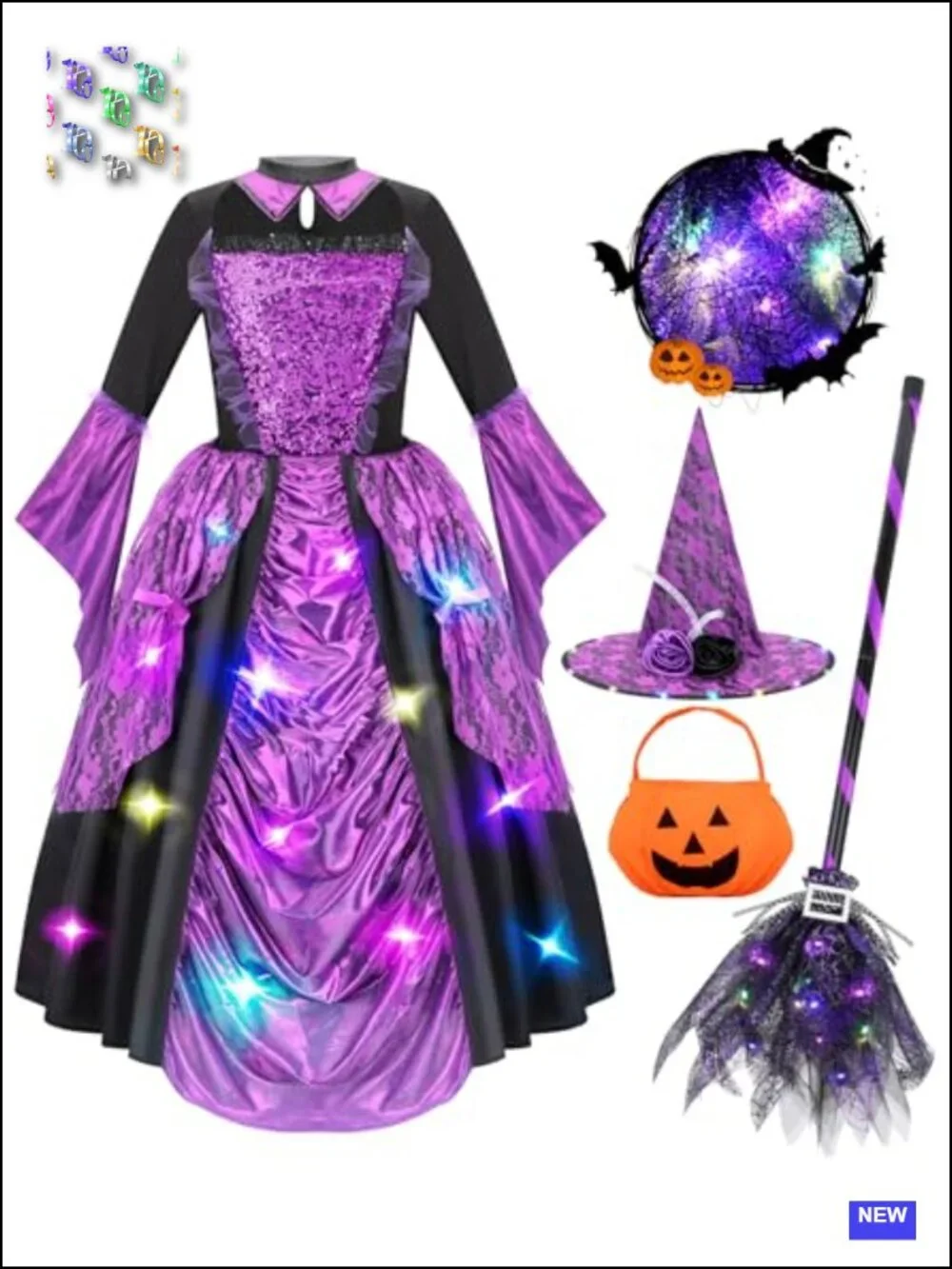 Light Up Witch Costume Dress for Girls Halloween Cosplay with Hat Broomstick